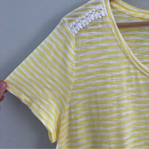 Talbots cotton blend yellow and white striped lattice lace V neck 2X tee shirt - Picture 7 of 7
